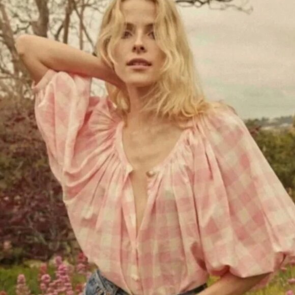 Doen Tops - Doên x Heather Taylor Jeanne Gingham Plaid Top Pink White Blouse Size Small